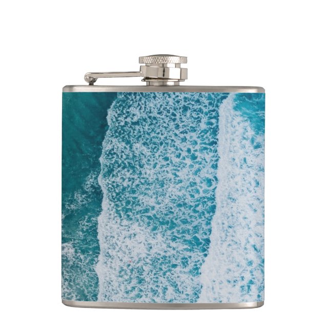 Blue Ocean Waves Sandy Beach Hip Flask (Front)