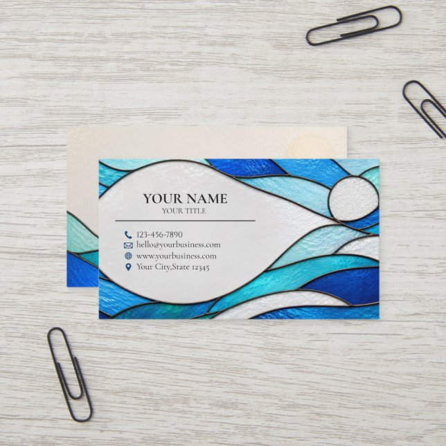Blue Ocean Waves Stained Glass Business Card (Front/Back In Situ)