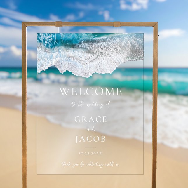Blue Ocean Waves Tropical Beach Wedding Welcome Acrylic Sign (Creator Uploaded)
