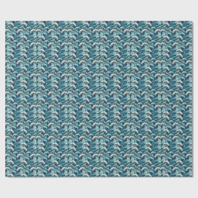 Blue Ocean Waves Tropical Summer Japanese Pattern Wrapping Paper (Flat)