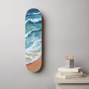Blue Ocean Waves Watercolor Skateboard