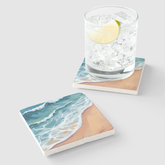 Blue Ocean Waves Watercolor Stone Coaster (Side)