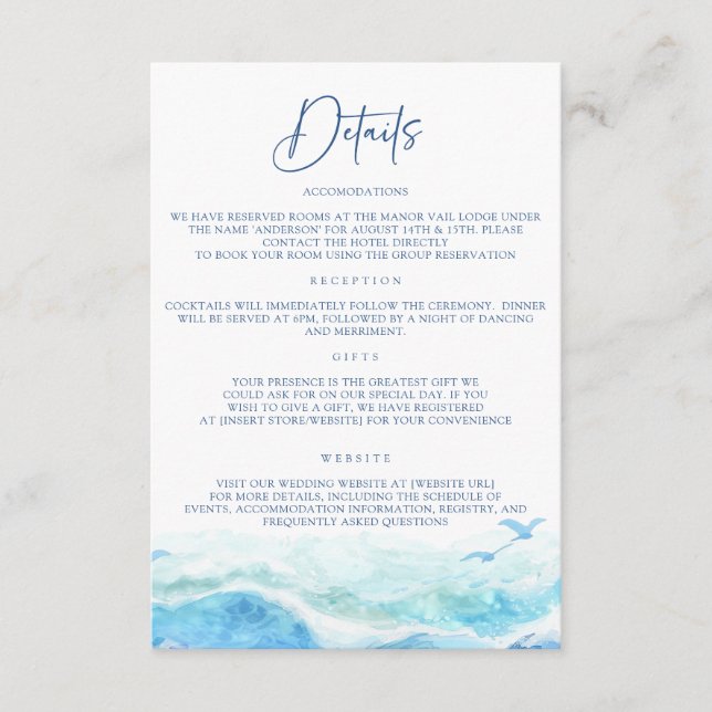 Blue Ocean Wedding Information Cards (Front)