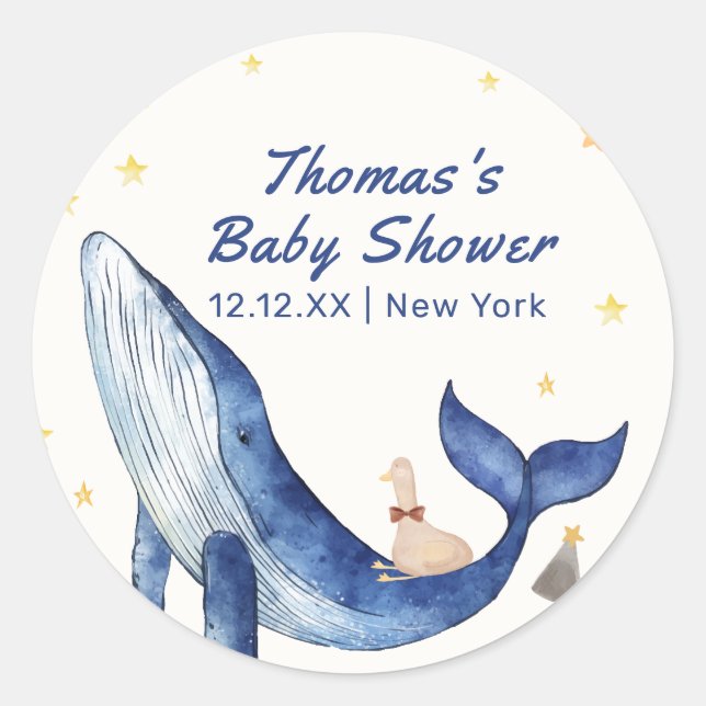 Blue Ocean Whimsical Duck Stars Whale Baby Shower Classic Round Sticker (Front)