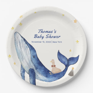 Blue Ocean Whimsical Duck Stars Whale Baby Shower Paper Plate