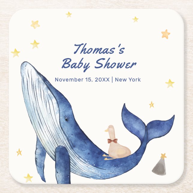 Blue Ocean Whimsical Duck Stars Whale Baby Shower Square Paper Coaster (Front)