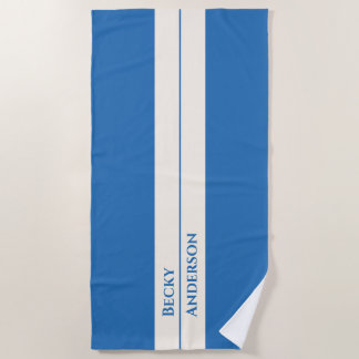 Blue Ocean, White Sand, Blue Text, Retro Beach Towel