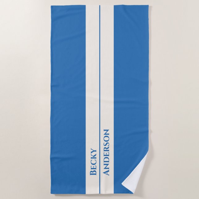 Blue Ocean, White Sand, Blue Text, Retro Beach Towel (Front)