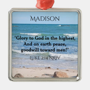 Blue Ocean with Christmas Verse Custom Name Metal Tree Decoration