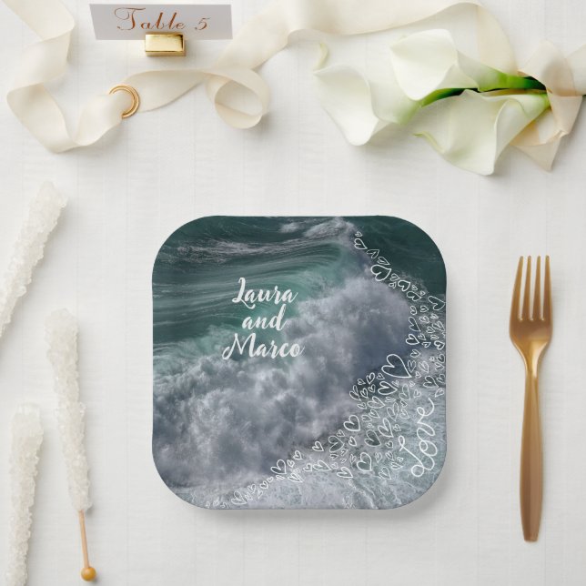 Blue ocean with drawn hearts paper plate (Wedding)