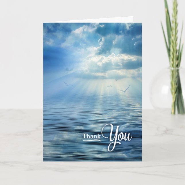 Blue Oceanview Sunlight and Seagulls Thank You Card (Front)