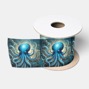 Blue Octopus Abstract Acrylic Art, Satin Ribbon