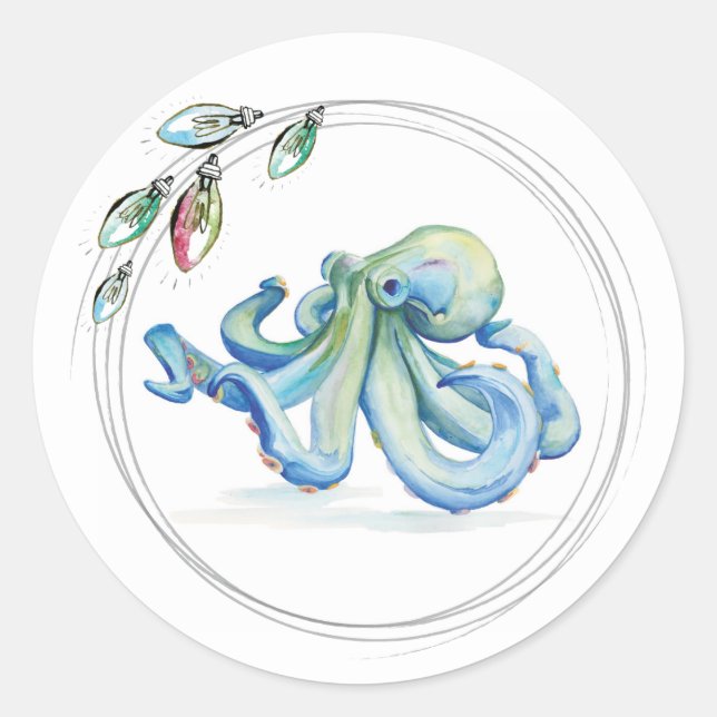 Blue Octopus Beachy Christmas Watercolor  Classic Round Sticker (Front)
