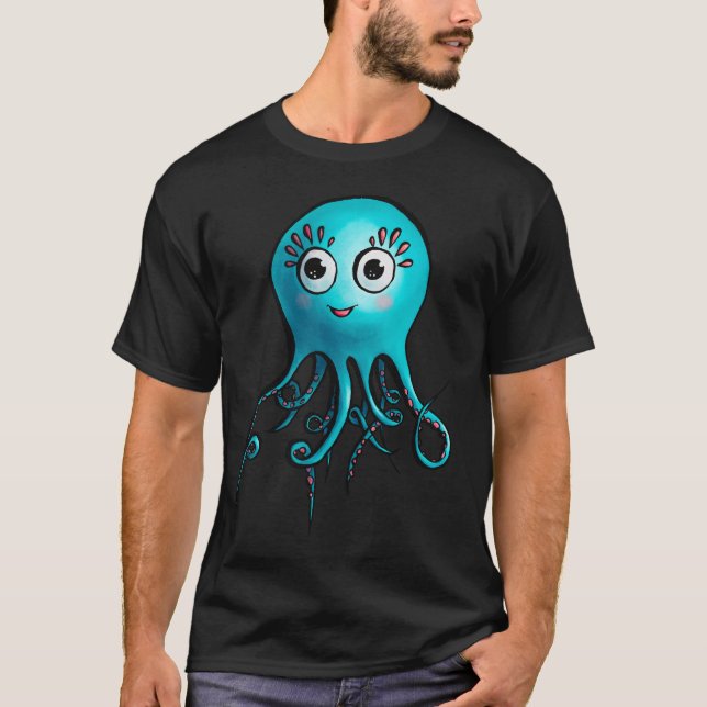 Blue Octopus Cartoon - Cute Sea Creature T-Shirt (Front)