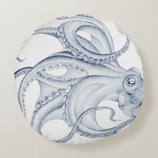 Blue Octopus Cephalopod Kraken Ink Round Cushion (Back)
