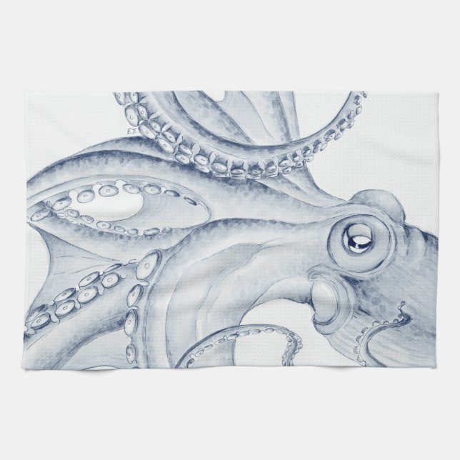 Blue Octopus Cephalopod Kraken Ink Tea Towel (Horizontal)