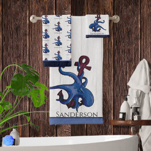 Blue Octopus Coastal White Wood Nautical Bath To Towel Set