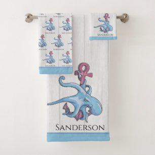 Blue Octopus Coastal White Wood Nautical Bath Towel Set