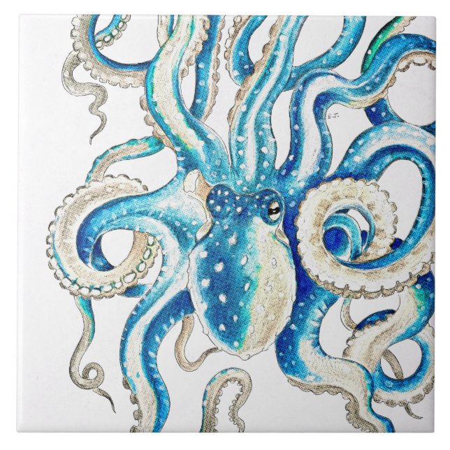Blue Octopus Comic Style Tile (Front)