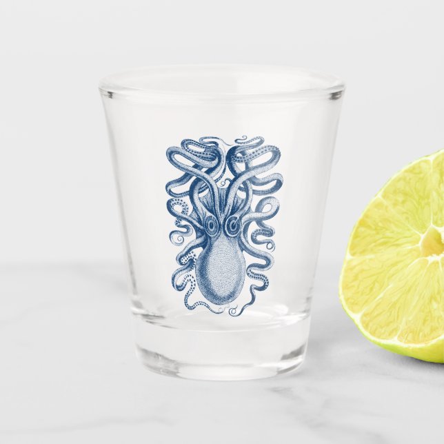 Blue Octopus Graphic Vintage Drawing Shot Glass (Front)