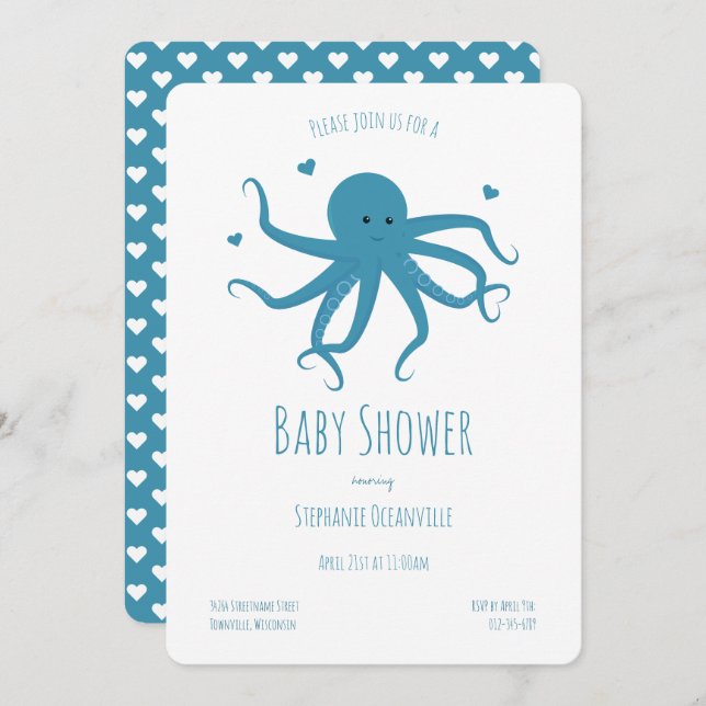 Blue Octopus Hearts Cartoon Baby Shower Invitation (Front/Back)