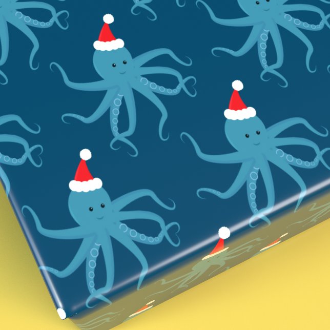 Blue Octopus in Santa Hat Christmas Holiday Wrapping Paper (Add fun octopus wrapping paper to your Christmas celebration.)