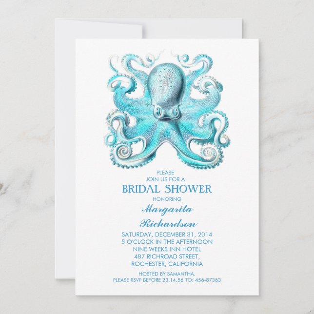 blue octopus nautical beach bridal shower invitation (Front)