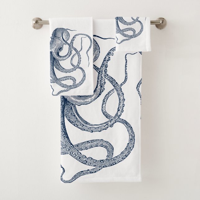 Blue octopus nautical illustration bath towel set (Insitu)