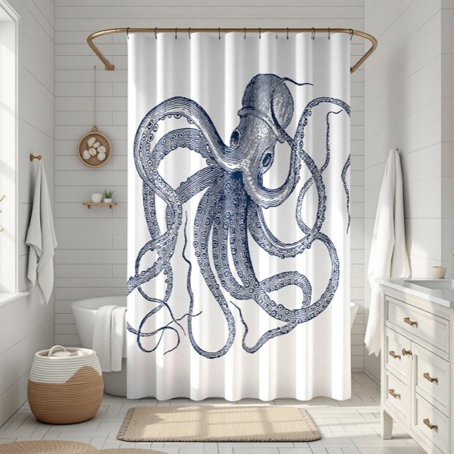 Blue octopus nautical illustration shower curtain (Creator Uploaded)