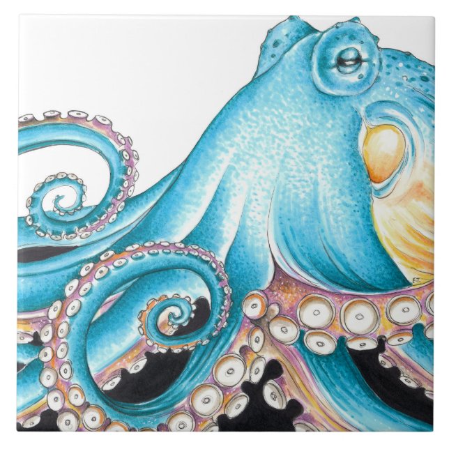 Blue Octopus On White Ink Tile (Front)