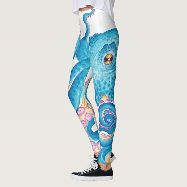 Blue Octopus Orange Pink Watercolor Art Leggings (Left)