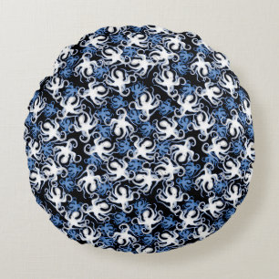 Blue Octopus Repeating Pattern Round Cushion