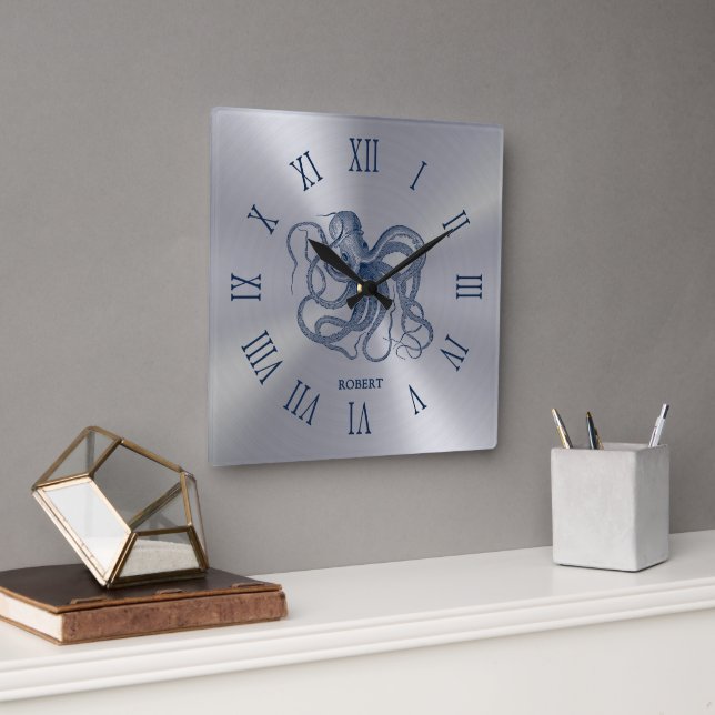 Blue Octopus Roman Numerals On Dark Silver Square Wall Clock (Office)