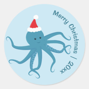 Blue Octopus Santa Merry Christmas Classic Round Sticker