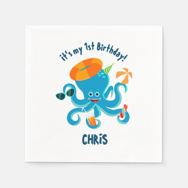 Blue Octopus Under the Sea Boy Birthday Party Napkin (Front)