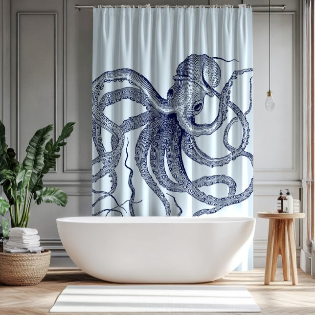 Blue Octopus Vintage Illustration Shower Curtain (Creator Uploaded)