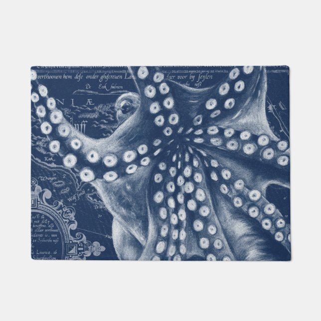 Blue Octopus Vintage Map Chic Doormat (Front)