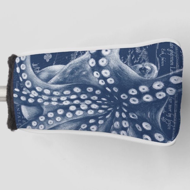 Blue Octopus Vintage Map Chic Golf Head Cover (Front)