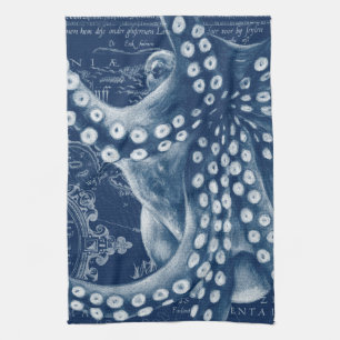 Blue Octopus Vintage Map Chic Tea Towel