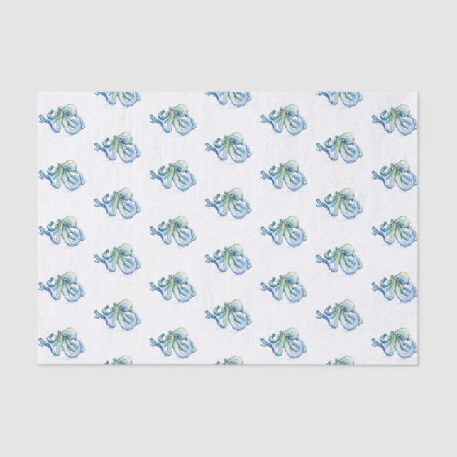Blue Octopus Watercolor Pattern Beach Tissue Paper (Front)