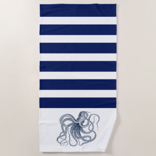 Blue octopus with white and blue stripes beach towel