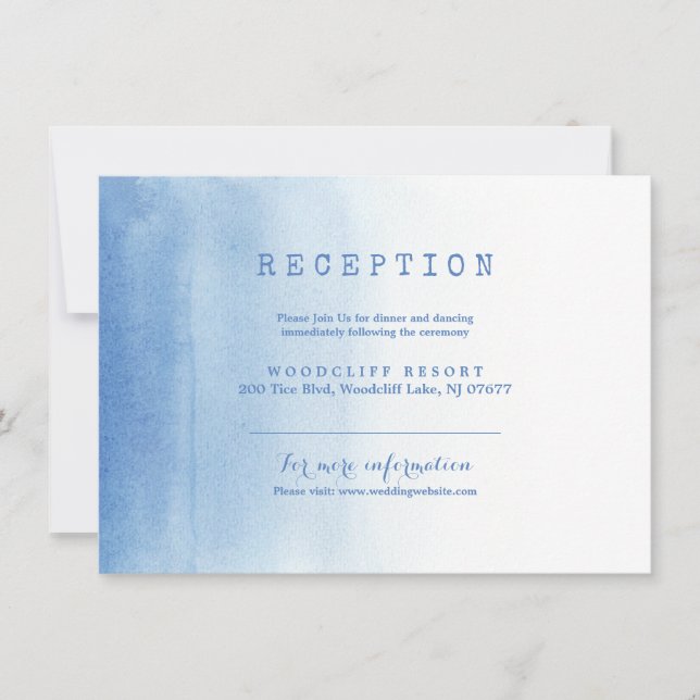Blue odern watercolor beach wedding reception card (Front)