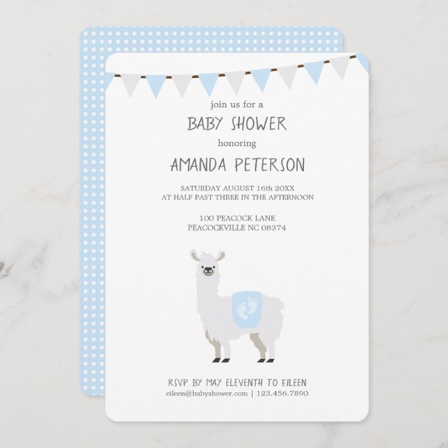 Blue & Off-White Gender Neutral Llama Baby Shower Invitation (Front/Back)