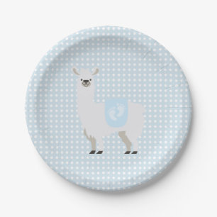 Blue & Off-White Gender Neutral Llama Baby Shower Paper Plate