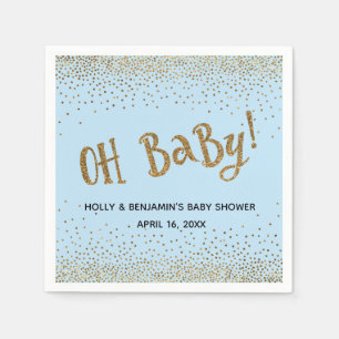 Blue "Oh Baby!" Gold Glitter Confetti Names, Date Napkin