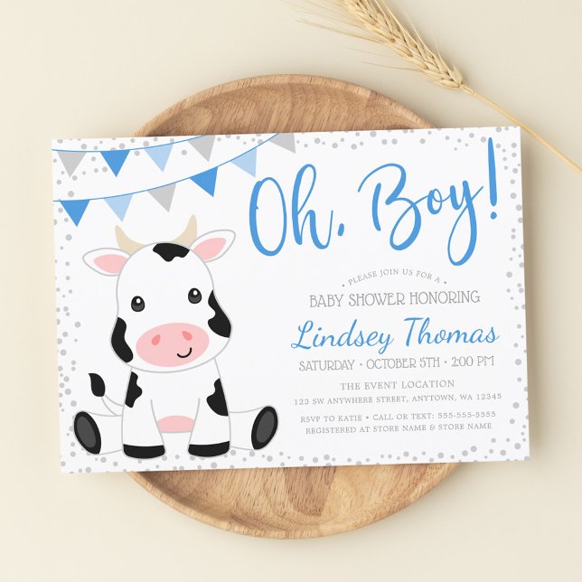 Blue Oh Boy Cow Baby Shower Invitation (Creator Uploaded)
