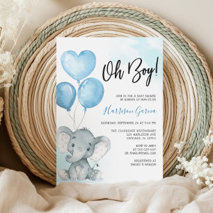 Blue Oh Boy Elephant Watercolor Baby Shower Invitation