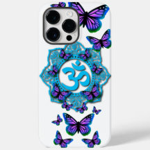 Blue ohm mandala design with purple butterflies 
