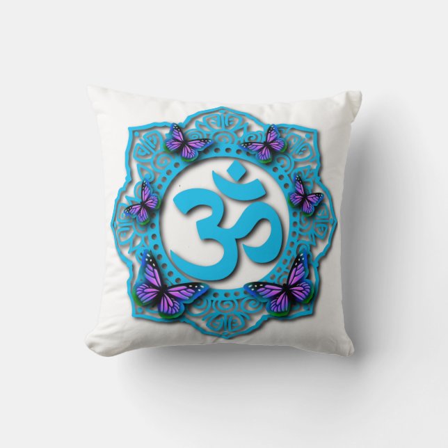 Blue ohm mandala design with purple butterflies cushion (Front)