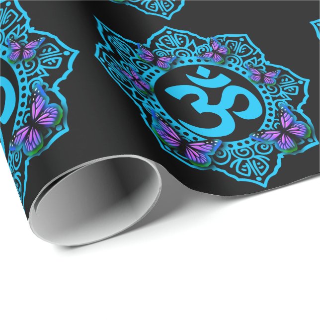 Blue ohm mandala design with purple butterflies wrapping paper (Roll Corner)